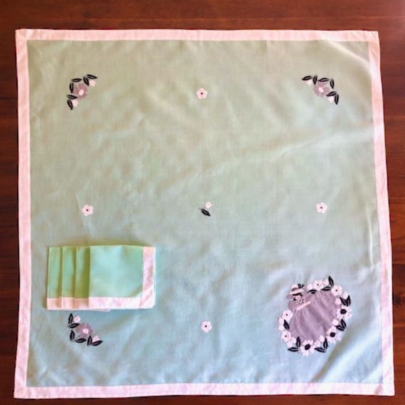 Vintage Hand Applique Tablecloth & 4 Napkins Green & Grey 40s Southern Belle - Picture 2 of 13